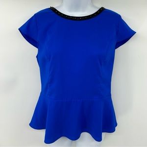 Express Blue Peplum Blouse with Faux Leather Stud Collar Size Medium